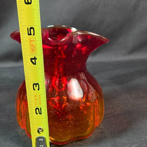 Small Amberina Art Glass Pitcher Red Orange Hand Blown Ribbed 5" Vintage Decor - Picture 8 of 10
